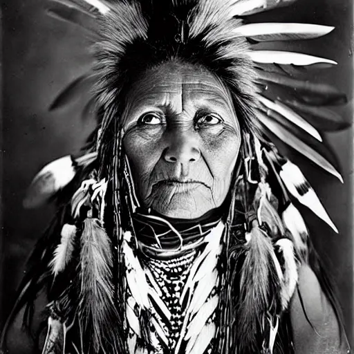 Image similar to vintage photo of a female native american shaman by edward s curtis, photo journalism, photography, cinematic, national geographic photoshoot vignette
