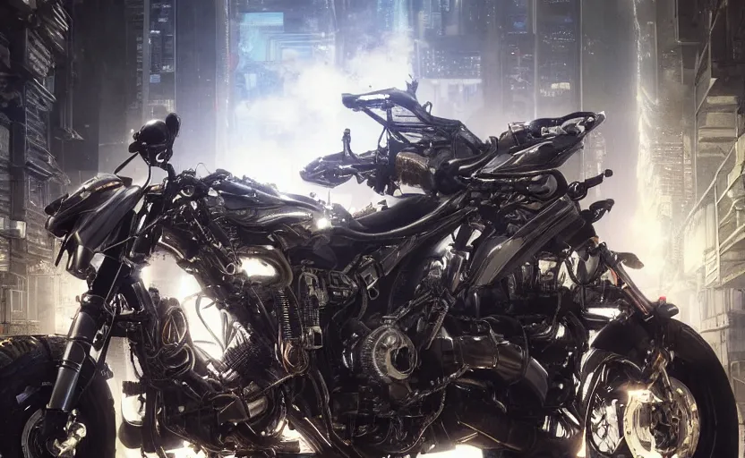 Image similar to Cyberpunk yamaha motorcycle, hyperrealistic mixed media, stunning 3d render inspired art by P. Craig Russell and Barry Windsor-Smith + perfect facial symmetry + dim volumetric lighting, 8k octane beautifully detailed render, post-processing, extremely hyperdetailed, intricate futuristic mechanic parts, epic composition, grim yet sparkling atmosphere, cinematic lighting + masterpiece, trending on artstation