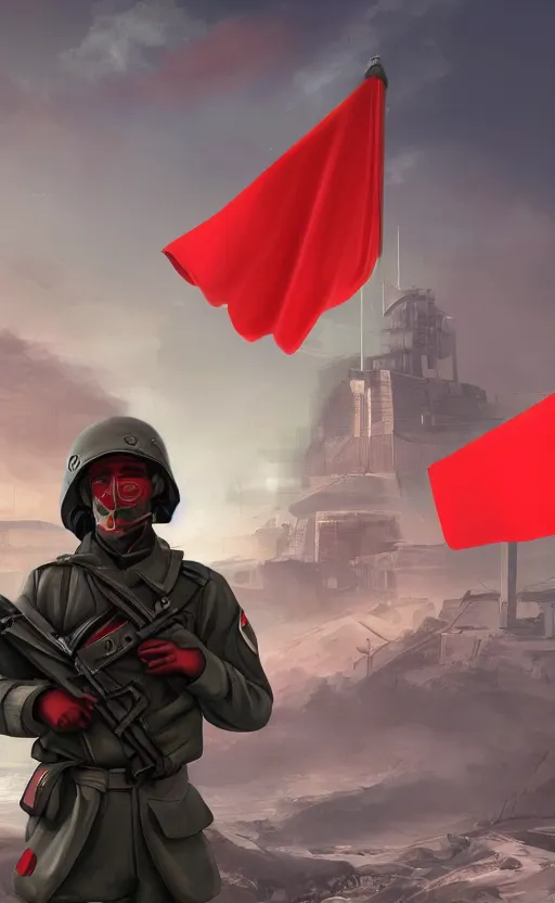 Image similar to Futuristic Soviet soldier with red flag in background, overdetailed digital art, hd, 4k