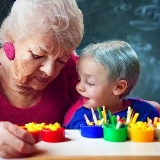 Prompt: “ old lady feeding crayons to child, bizzaro ”