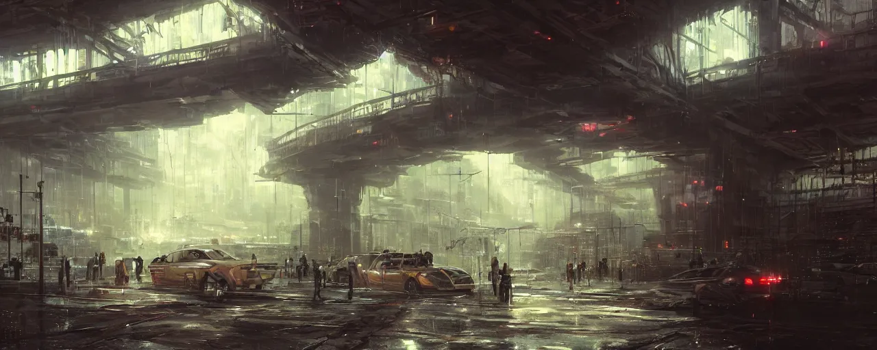 Prompt: under a highway bridge of a cyberpunk city, rain, night, flying shuttles, advertising pannels, rays of light, james gurney, greg rutkowski, unreal engine 5, artstation