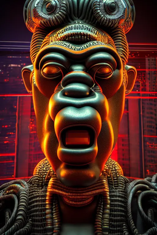 Image similar to high quality 3 d render post - rococo cyberpunk hanuman! head building, neon madhubani, open mouth, highly detailed, in sci - fi new delhi, cinematic smooth unreal engine, lee madgwick & liam wong, dramatic light, low angle, uhd 8 k, sharp focus