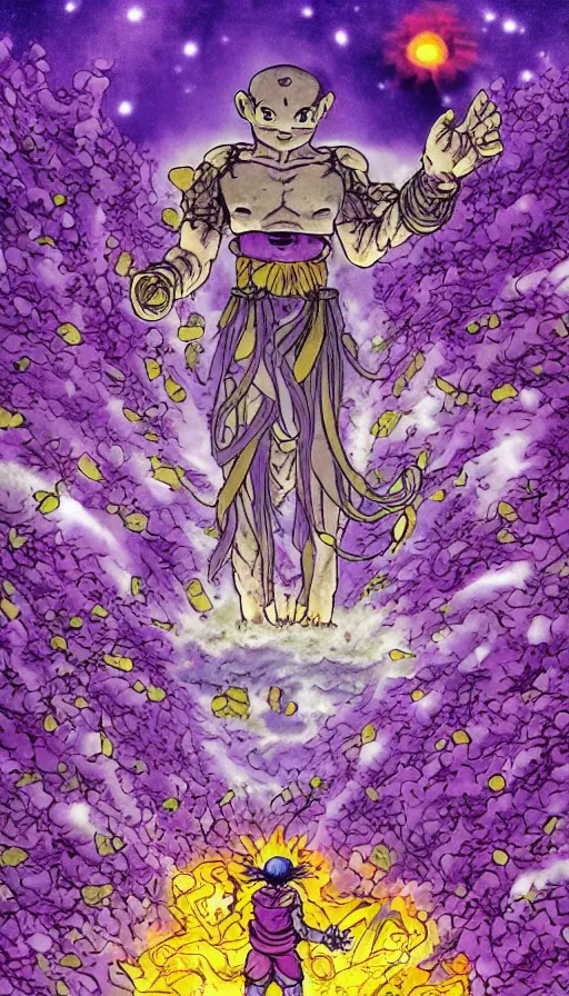 Image similar to a future scifi ancient god on the middle of a purple forest holding a portal that's about to explode, illustration, art by Akira Toriyama