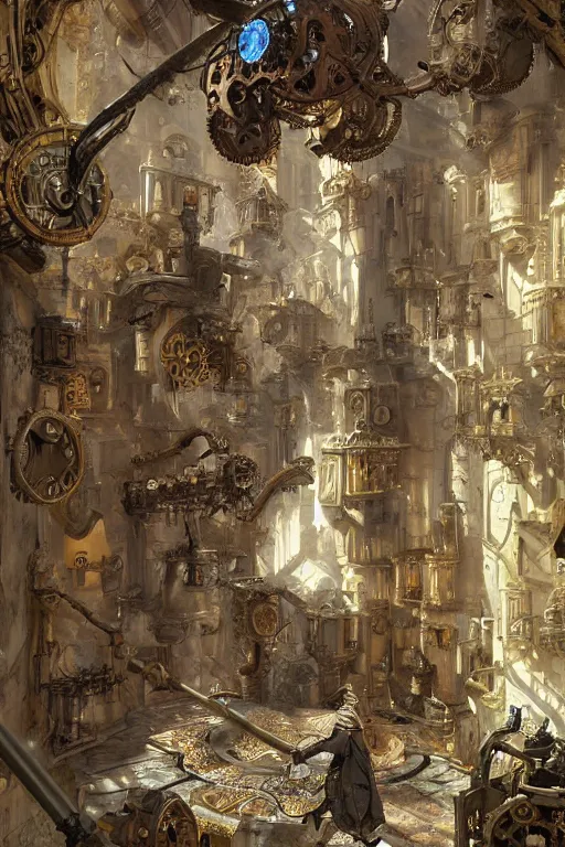 Image similar to a biomechanical palace guard made of machine parts and clocks is walking through a steampunk byzantine courtyard by anders zorn, wonderful, mandelbulb 3 d buildings, fractal designs, dynamic, masterpiece by greg rutkowski, hyperrealism, beautiful cinematic light, by greg manchess, jessica rossier