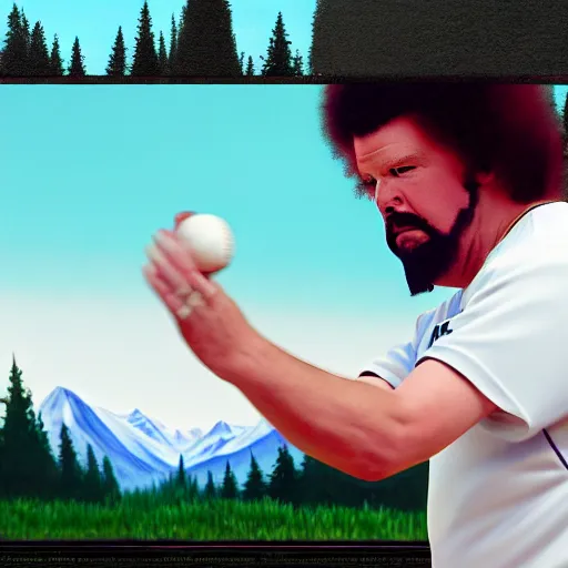 Image similar to a closeup photorealistic photograph of bob ross painting an image of kenny powers pitching a baseball on a canvas. mountains and trees. film still. brightly lit scene. this 4 k hd image is trending on artstation, featured on behance, well - rendered, extra crisp, features intricate detail, epic composition and the style of unreal engine.