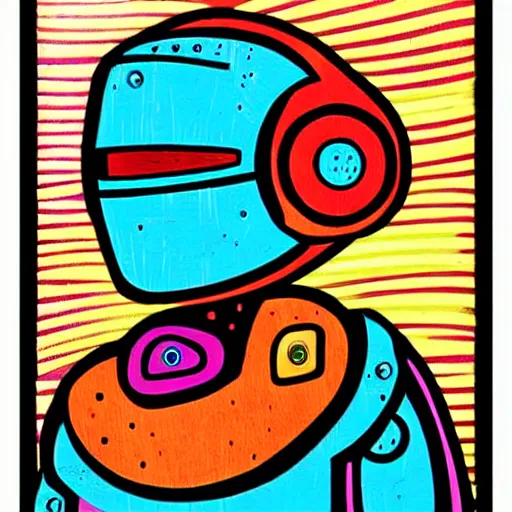 Image similar to colorful robot woodcut print by Julie De Graag