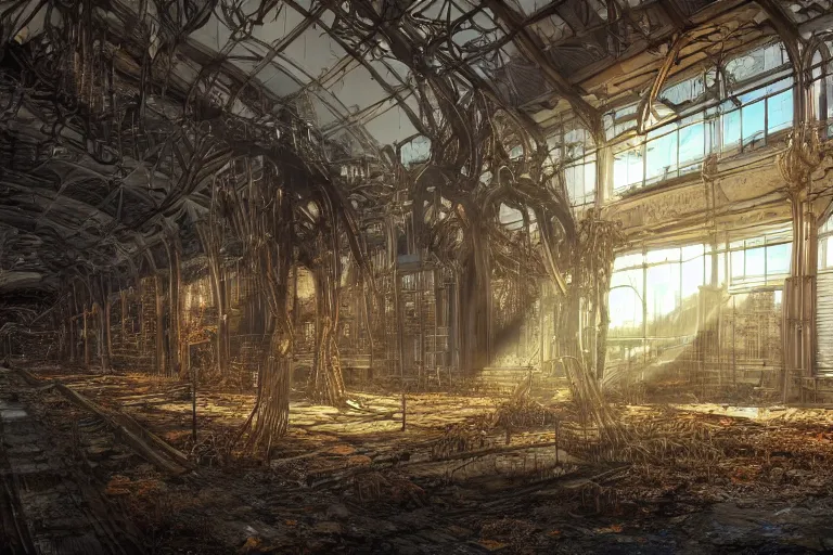 Prompt: a rusty metal skeleton in the interior of an old abandoned sci - fi hangar an old oak tree grows inside the courtyard golden rays of sunlight enter through the window gold neon lights digital art trending artstation