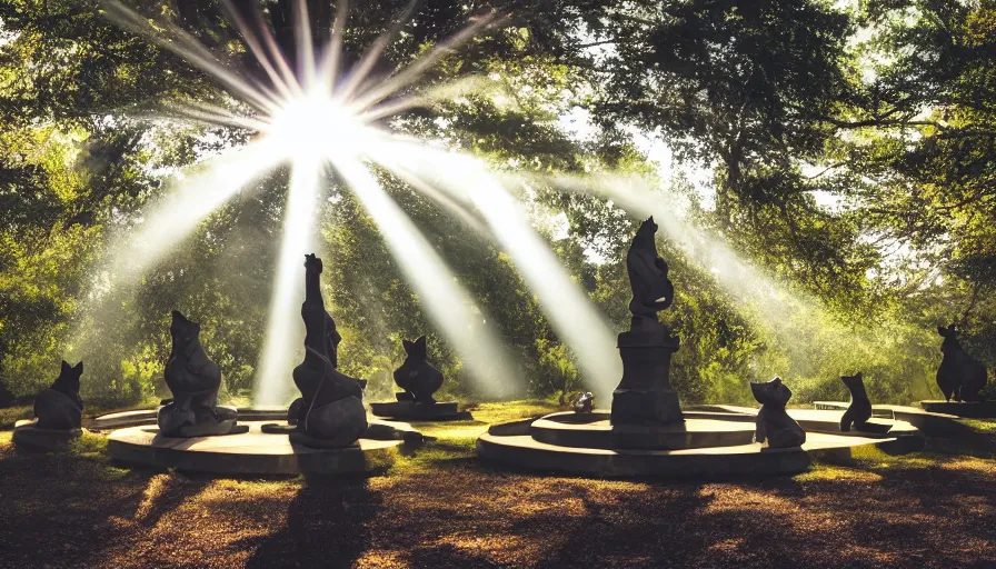 Image similar to A park full of trees and flowers with statue cats forming a circle ,god rays, incredible lighting, 4k photography award winning,