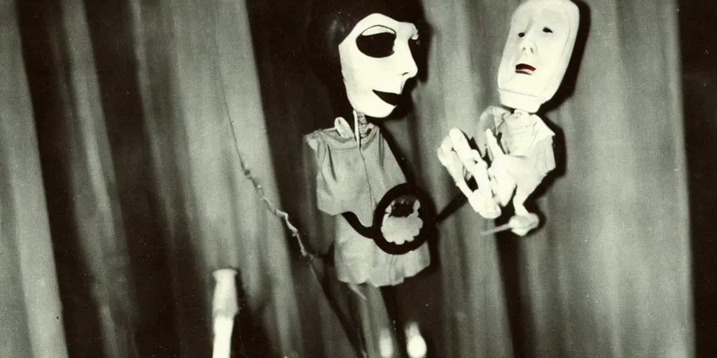 Image similar to 1 9 7 0 s female alive, eerie, creepy masked marionette puppet, unnerving, clockwork horror, pediophobia, lost photograph, dark, forgotten, final photo found before disaster, realistic, polaroid,