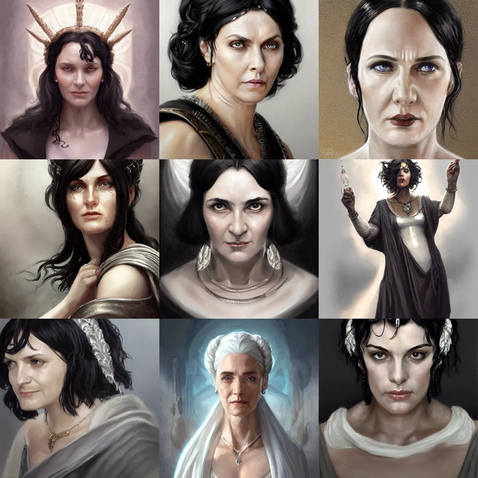 Image similar to hestia, helen mcrory, elderly greek goddess, black hair, white tunic, d & d, fantasy, portrait, highly detailed, headshot, digital painting, trending on artstation, concept art, sharp focus, illustration, art by artgerm and greg rutkowski and magali villeneuve