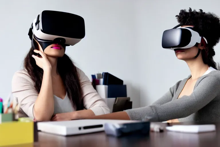 Prompt: A stock photo of a woman sitting at her desk, with a bunch of stuff, wearing a VR-headset, featured on flickr, cluttered