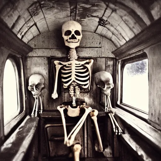 Prompt: Subjective centered view of a skeleton in garbs with a crown on his head sitting on a medieval king’s throne in a subway wagon, blue tinted photo, creepy ambience, dream ambience, foggy, low light, kodachrome photo