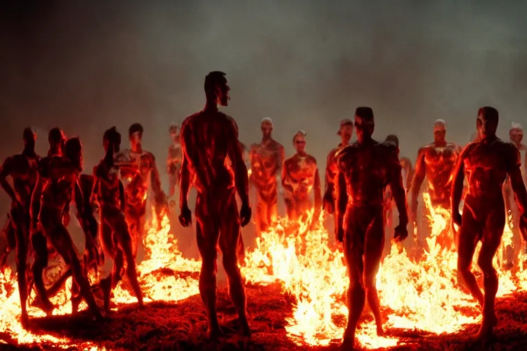 Image similar to a cinematic wide angle photograph of a group of mutants made entirely of fire walking through a vast serene landscape, beautiful lighting, high depth, ultra realistic, artistic, by zack snyder and john harris