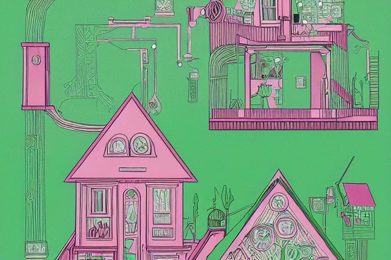 Image similar to a pink and green 2 d illustration of a cross section of a house, a storybook illustration by muti and tim biskup, featured on dribble, arts and crafts movement, behance hd, storybook illustration, dynamic composition