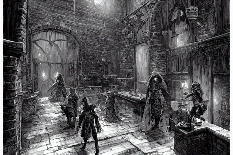 Prompt: black and white one point perspective apothecary dungeon rpg fantasy dungeon hall view by artgerm and Craig Mullins, James Jean, Andrey Ryabovichev, Mark Simonetti and Peter Morbacher 16k