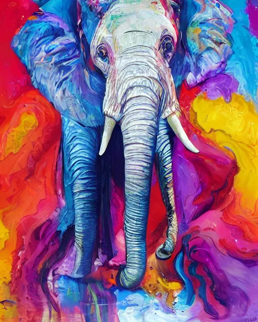 Prompt: hyperrealistic ultra detailed surrealist colorful acrylic pour painting of an elephant by moksha marquardt, rhads, trending on artstation, chillwave, psycedelic, metaphysical, mystical, sense of awe