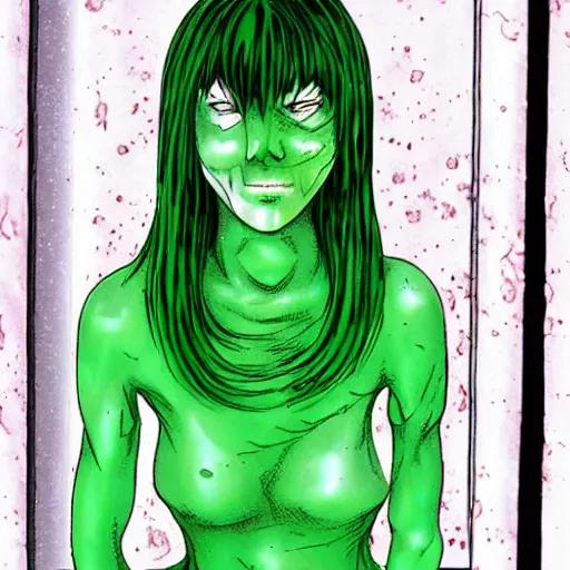 Prompt: a beautiful, caustic, translucent, green woman made of slime in a white hallway by Junji Ito