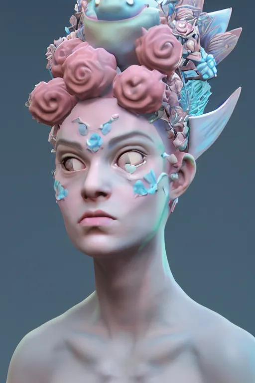 Prompt: epic 3 d sculpture of trans model, porcelain headdress, 2 0 mm, with pastel pink and cerulean hextech bursting, perlin noise melting into bulbasaur, delicate, beautiful, intricate, houdini sidefx, artstation, by jeremy mann and ilya kuvshinov, jamie hewlett and ayami kojima