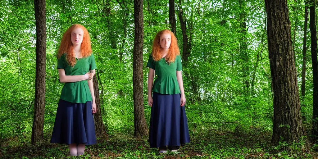 Image similar to a strawberry blonde frizzy haired teenage girl in a floor length dark green skirt and a short sleeved dark green blouse stands in a dark forest dimly lit by blue light, pixelated, in the style of king's quest 6