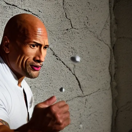 Prompt: Dwayne Johnson throwing eggs at a plaster wall, photo