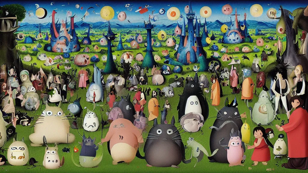 Image similar to garden of earthly delights by studio ghibli. totoro. digital painting. digital render. hieronymus bosch