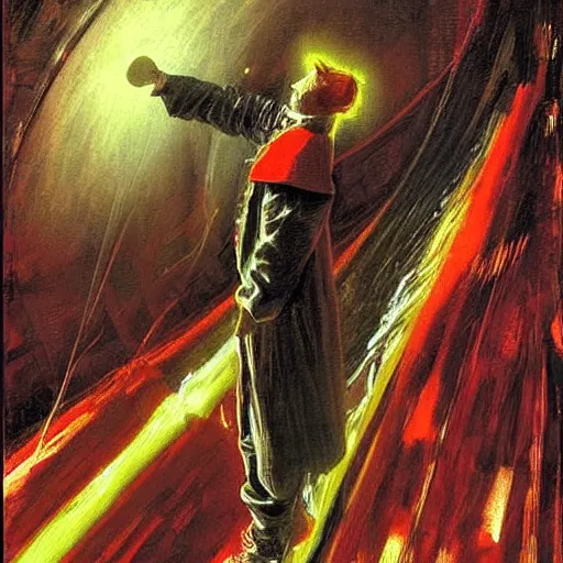 Image similar to A digital art. A rip in spacetime. Did this device in his hand open a portal to another dimension or reality?! cardinal by Harriet Backer, by Simon Bisley straight, sinister