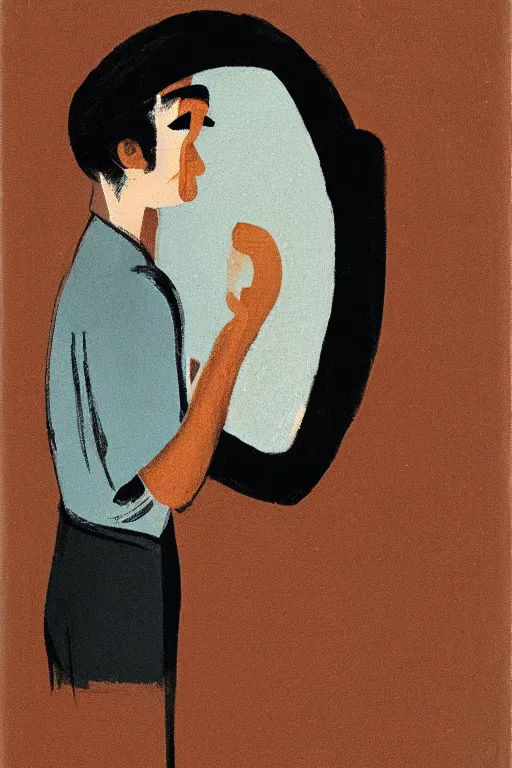 Image similar to man looking at his reflection in the mirror, 1960’s minimalist advertising illustration, painterly, expressive brush strokes