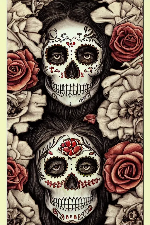 Image similar to illustration of a sugar skull day of the dead girl, art by dan seagrave