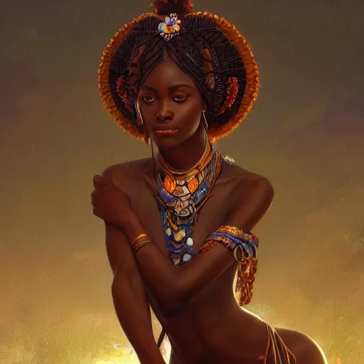 Image similar to beautiful Zulu goddess pondering, intricate, elegant, highly detailed, digital painting, artstation, concept art, smooth, sharp, focus, illustration, art by artgerm and greg rutkowski and alphonse mucha