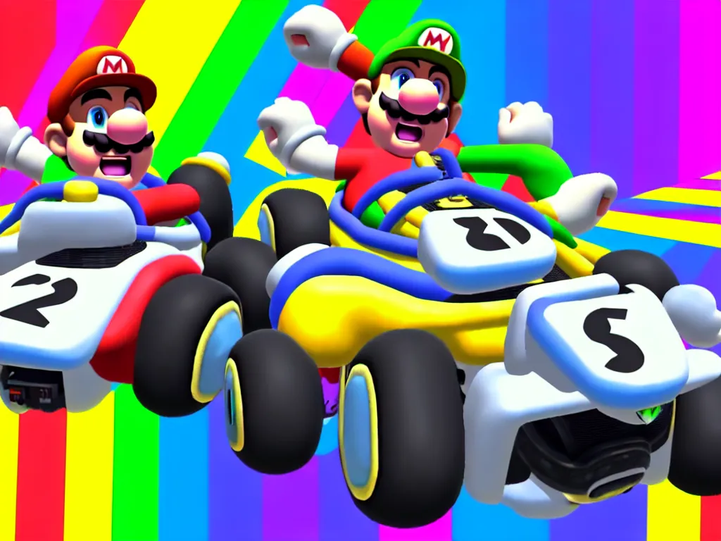 Prompt: kanye west on rainbow road mario kart 8 map