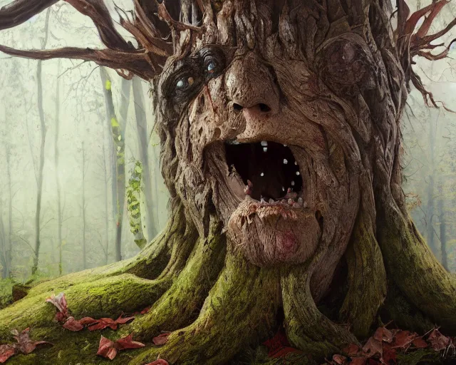 Prompt: a talking tree, a smiling face in the bark, nose made of wood, mouth in the bark, fantasy concept art, oil painting, hyperrealistic, highly detailed, artstation, cgsociety, in the forest