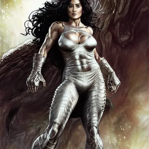 Image similar to muscular beautiful salma hayek wearing silver armor tombow artwork uta natsume , lucas graciano, greg staples ,jean-sebastien rossbach , christophe young , eytan zana , rumiko takahashi