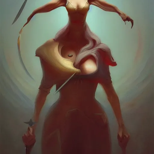 Image similar to a painting of a woman holding a knife, an ultrafine detailed painting by peter mohrbacher, trending on artstation, fantasy art, apocalypse art, tarot card, parallax