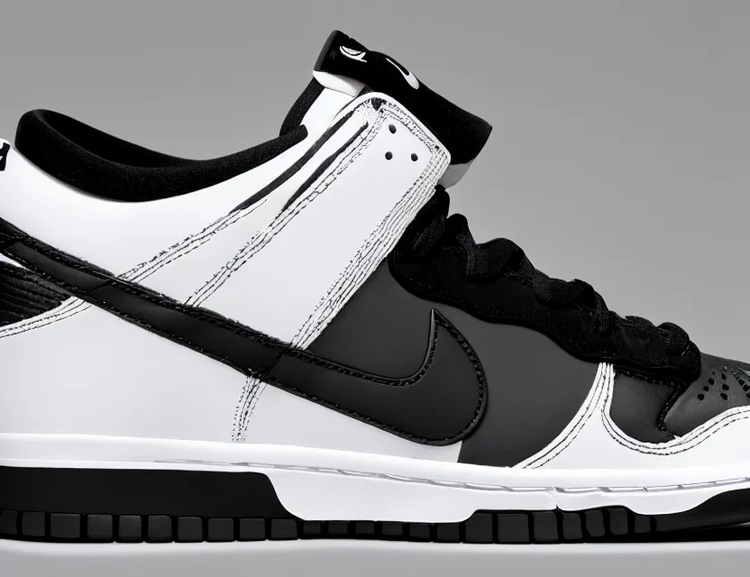 Image similar to a press photograph of nike dunk low black and white, size 1 0, white background