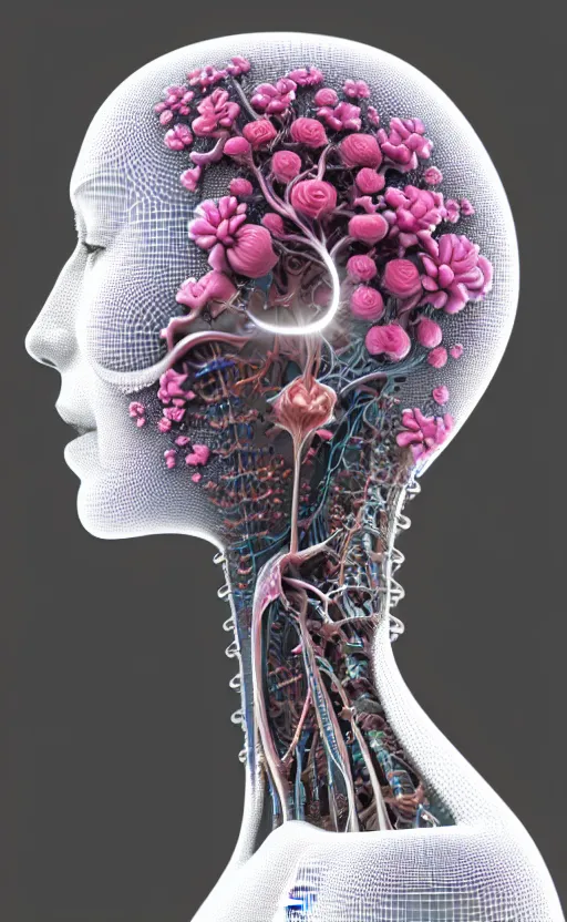 Image similar to 3D render of a beautiful profile face portrait of a female cyborg, 150 mm, flowers, Mandelbrot fractal, anatomical, flesh, facial muscles, wires, microchip, veins, arteries, full frame, microscopic, elegant, highly detailed, flesh ornate, elegant, high fashion, rim light, octane render in the style of H.R. Giger and Bouguereau