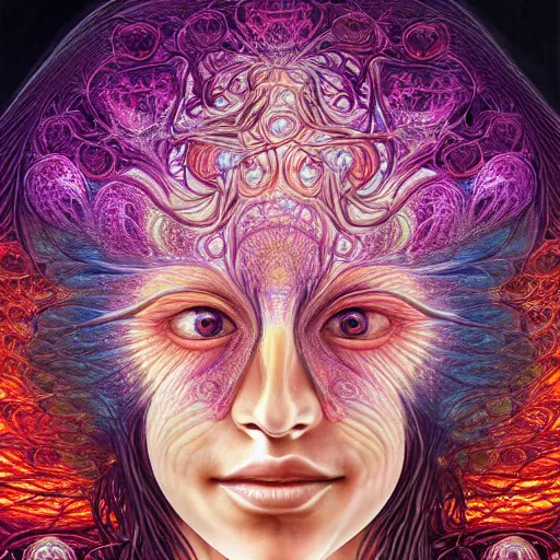 Prompt: perfectly centered portrait, beautiful fractal mushroom goddess, female, flowing hair, intense stare, sweet smile, symmetrical, concept art, intricate detail, volumetric shadows and lighting, psychedelic colors, realistic oil painting by alex grey