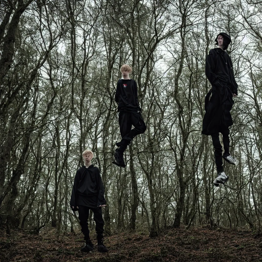 Prompt: cinematic still of bladee in dark forest, XF IQ4, f/1.4, ISO 200, 1/160s, 8K, RAW, dramatic lighting, symmetrical balance, in-frame