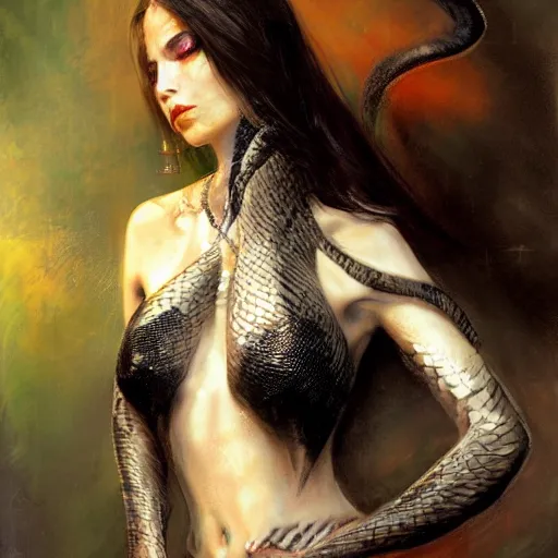 Image similar to snake woman hybrid, long, black scales, bright amber eyes, scales covering her chest, cinematographic shot, by daniel f. gerhartz