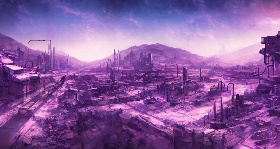 Image similar to Sci-fi landscape of an alley in a desert city, view from the top, purple color-theme, cinematic, science-fiction art wallpaper, stunning digital art