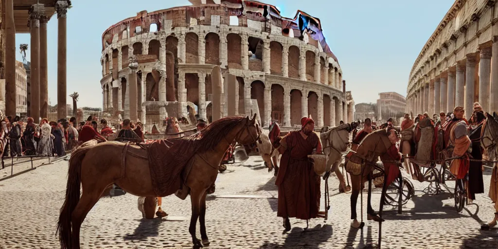 Image similar to low angle wide shot, street scene, ancient rome, mainly roman pedestrians, horses and roman soldiers, volumetric lighting, beautiful, day time, spring, sunny weather, sharp focus, highly detailed, photorealistic, 4 0 0 0 k, f 1. 4, cgsociety