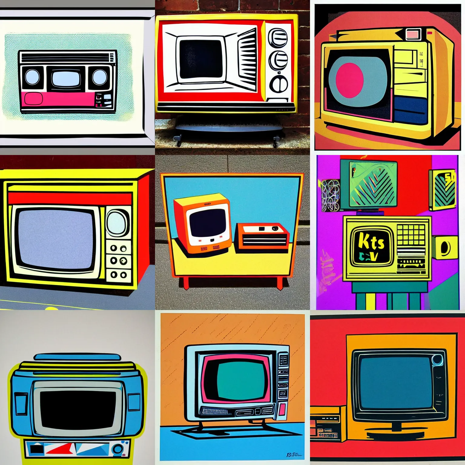 Prompt: old TV, memphis design illustartion, late 80's, bold , kitch, ,geometric, colorful