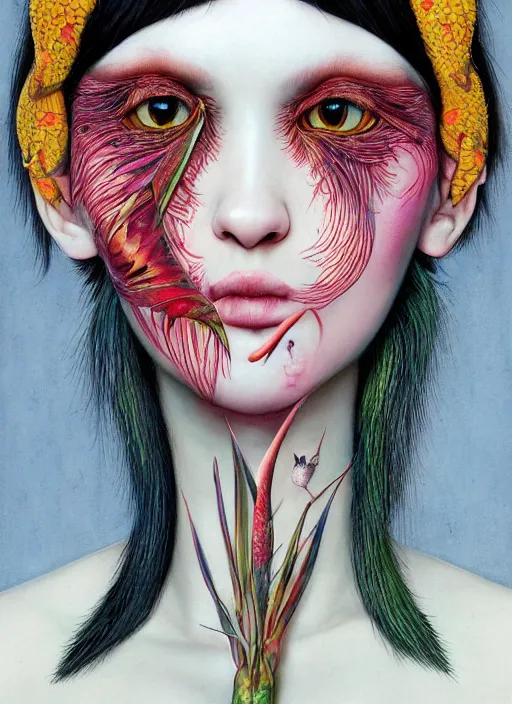 Image similar to an awkward punk woman with a crooked nose, cat eye, botanical, birds of paradise, portrait face, colorful, kupka, intricate, miles johnston, kuroda seiki, ozabu, godward, painterly, yoshitaka amano, moebius, miles johnston, louise zhang, james jean, mark ryden lowbrow pop surrealism art style