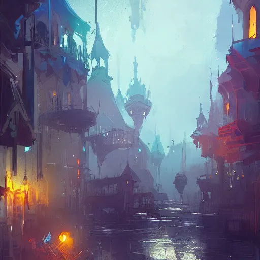 Image similar to Waterdeep City, by Ismail Inceoglu, detailed city, city of splendors, detailed, digital art, dusk, fantasy art