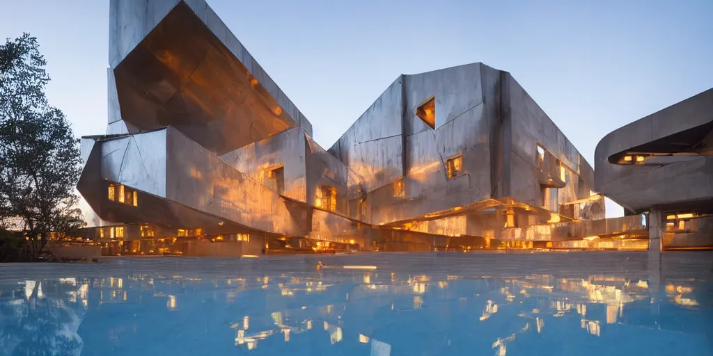 Prompt: wide angle photo of brutalist building made from reflective nickel chrome with copper and gold. late evening with reflective pool and glowing lights. bella hadid. highly reflective and shiny. frank loyde wright