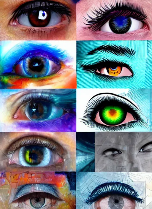 Prompt: grid montage of cube shaped eyes, cube shaped dilated pupils, cubic irises, detailed colored textures, eyelashes, advanced art, art styles mix, from wikipedia, wet reflections in cube eyes, sunshine light, hd macro photograph, from side, various eyelid positions