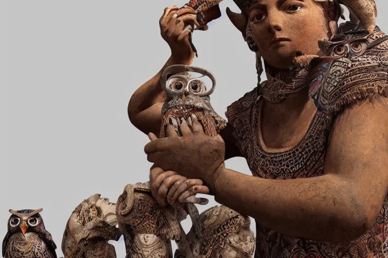 Image similar to brody neuenschwander 3 d art, painted etruscan style figural ceramic figures, lapidary painted and glazed ceramics, owl - bull, peruvian and nazca brocade textiles, octane render, unreal engine, batuan style, ambient lighting, intricate light, detailed, hyper realistic