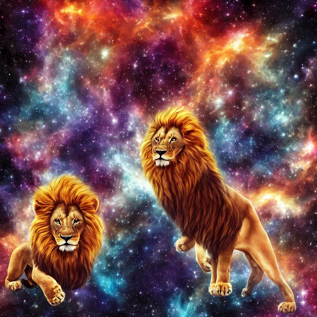 Image similar to lion in a galaxy made of stars, space, nebulas stars