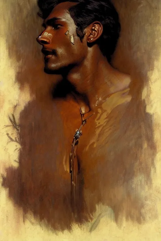 Image similar to attractive man, dark skin, painting by gaston bussiere, craig mullins, greg rutkowski, alphonse mucha