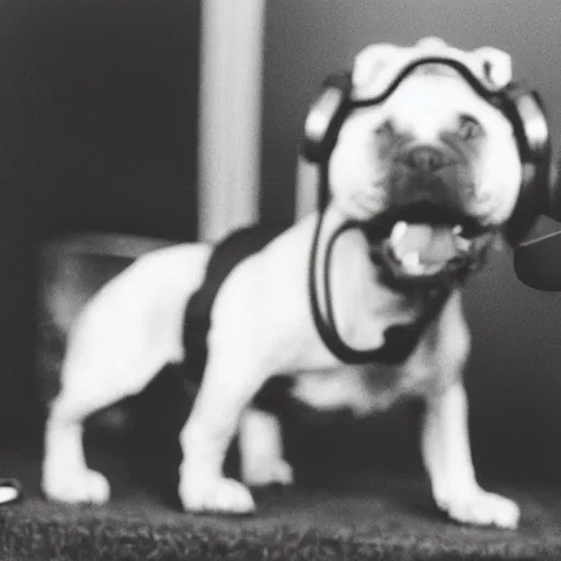 Prompt: A prize-winning highly detailed vintage black-and-white grainy damaged photograph of a dog playing Xbox with an intense expression as it barks into a headset