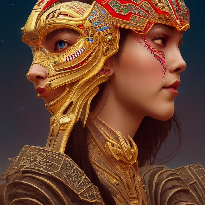 Image similar to symmetry! portrait of a sphinx!!, face decorated with chinese opera motifs, leds horizon zero dawn machine, intricate, elegant, highly detailed, digital painting, artstation, concept art, smooth, sharp focus, illustration, art by artgerm and greg rutkowski and alphonse mucha, 8 k